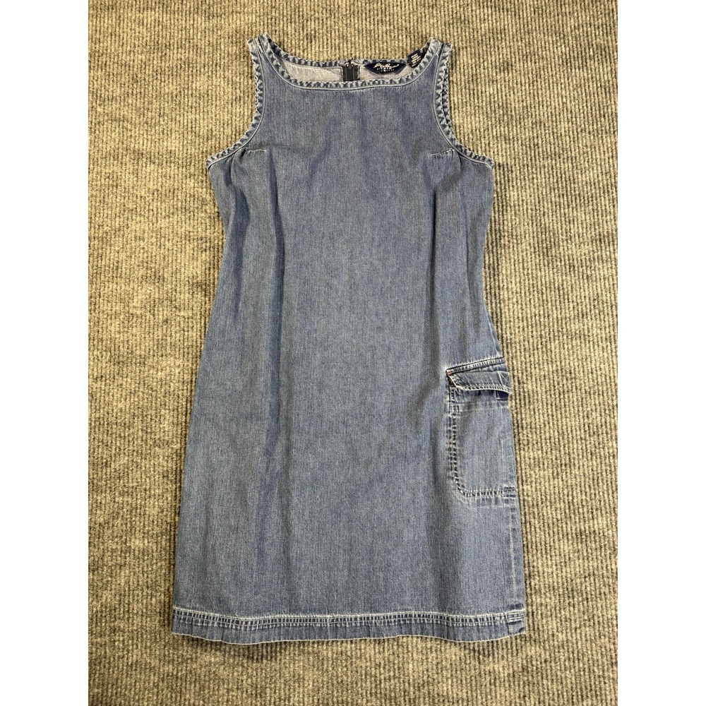 Eddie Bauer Denim Blue Shift Dress Size 12 Sleeveless 100% Cotton Knee Pockets